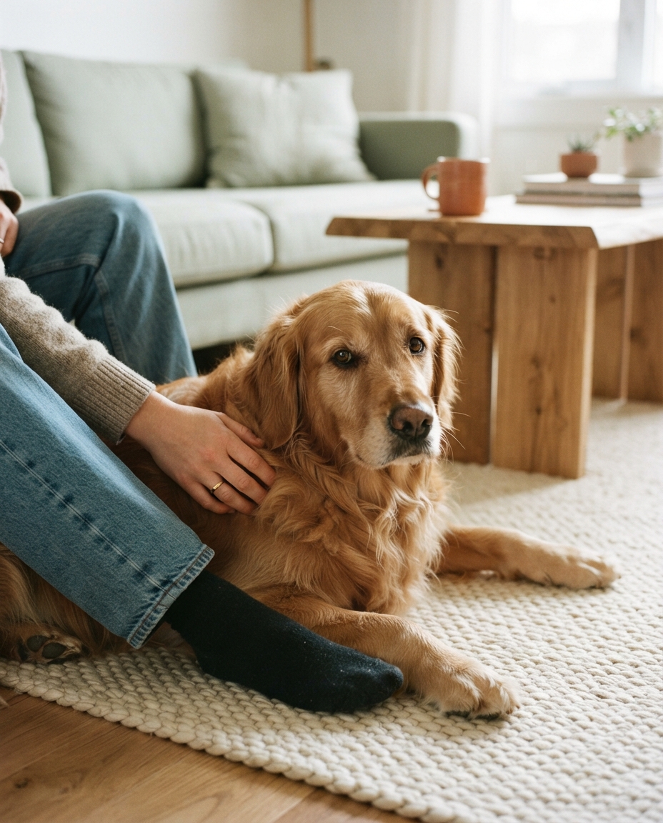 Dog resting beside its person